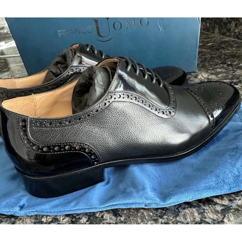 Franco Uomo Mens Ike Black Leather Brogue Oxford Dress Shoes PE388-B558 Size 8